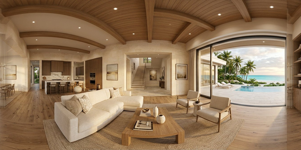 Panoramic concept rendering of an open-plan Gulf Coast home and pool