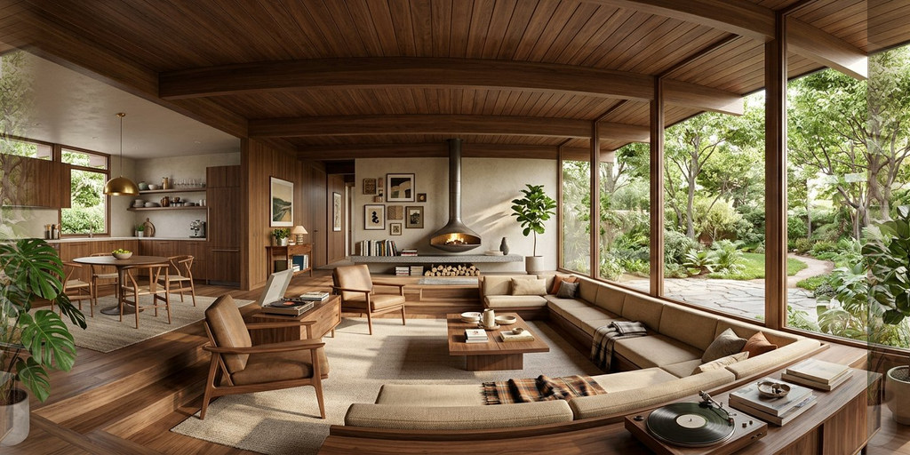 Panoramic concept rendering of a warm mid-century home opening onto a garden