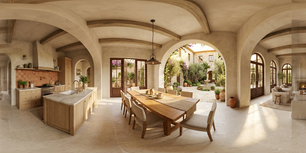 Panoramic concept rendering of a Mediterranean-inspired villa with an open courtyard