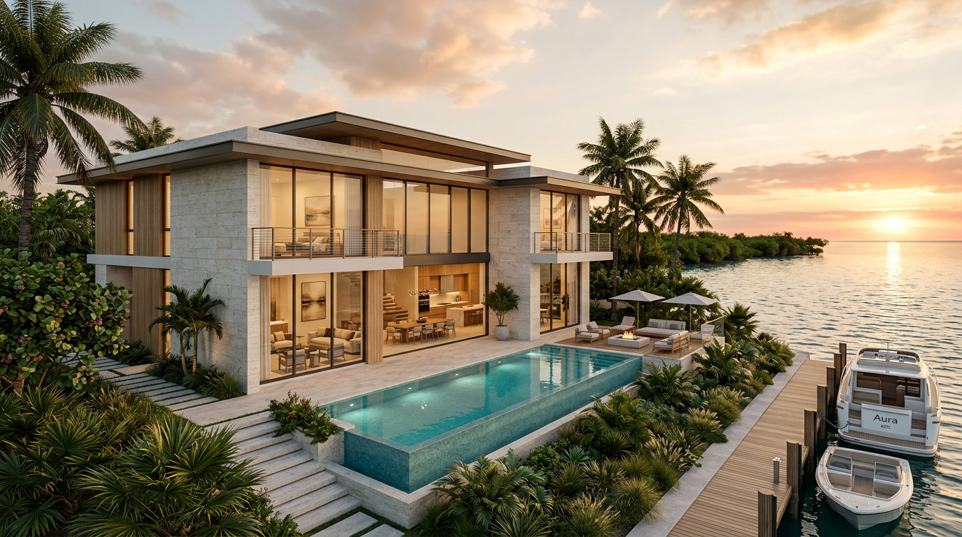 Illustrative 3D architectural rendering of a modern Gulf Coast home with glass walls, tropical landscaping and a pool